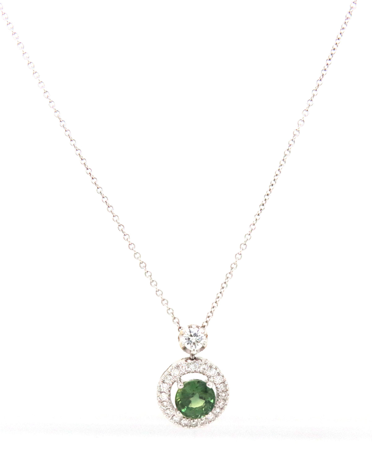 18kt White gold green sapphire and diamond pendant on chain