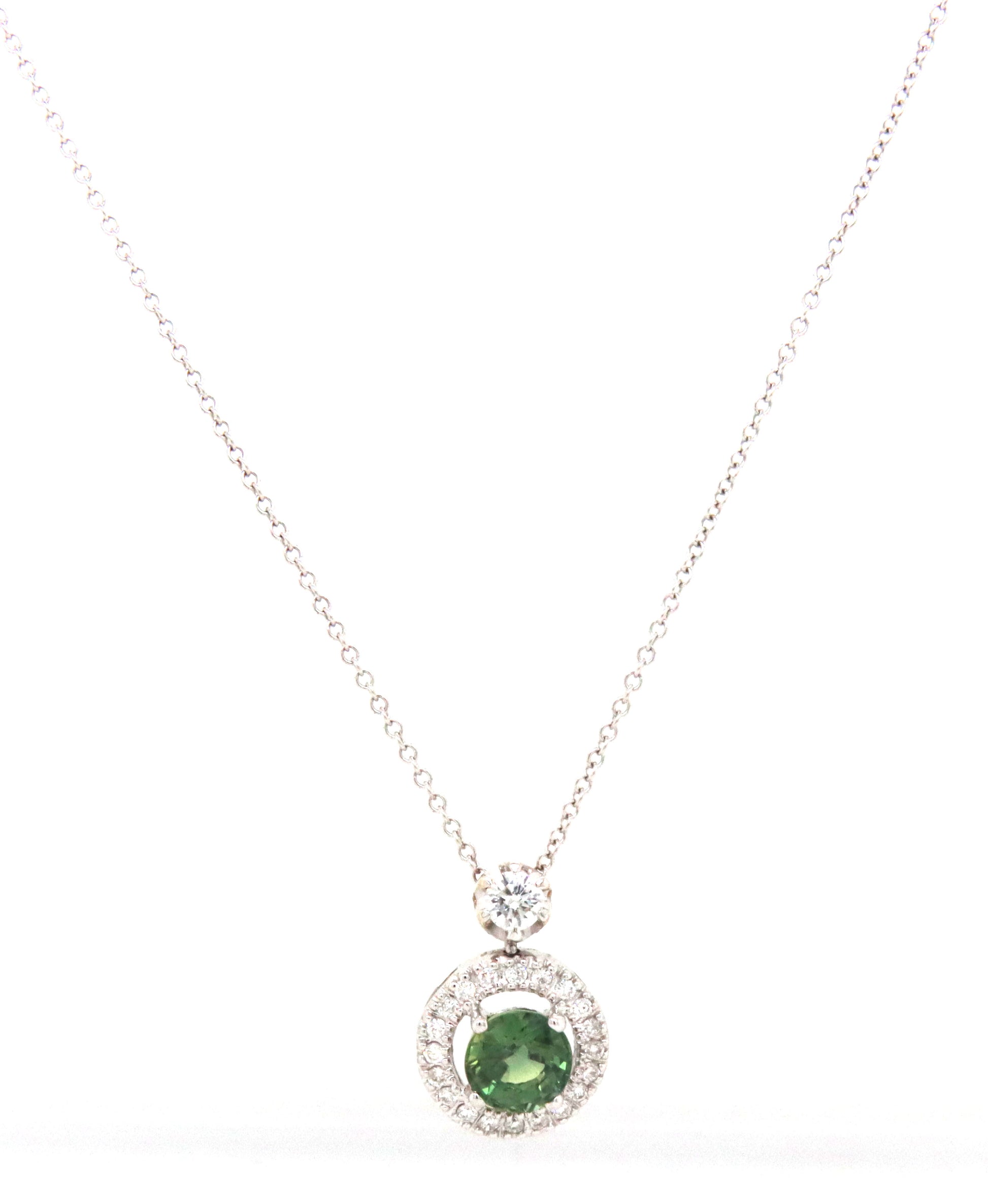 18kt White gold green sapphire and diamond pendant on chain