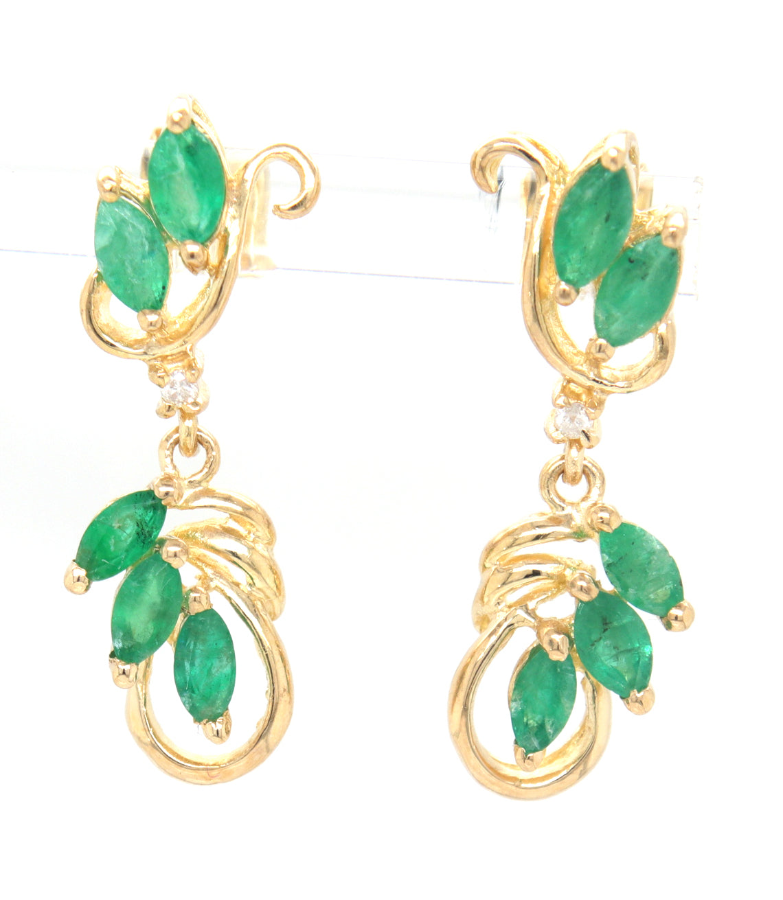 14kt Yellow gold Marquise emerald and diamond dangle earrings