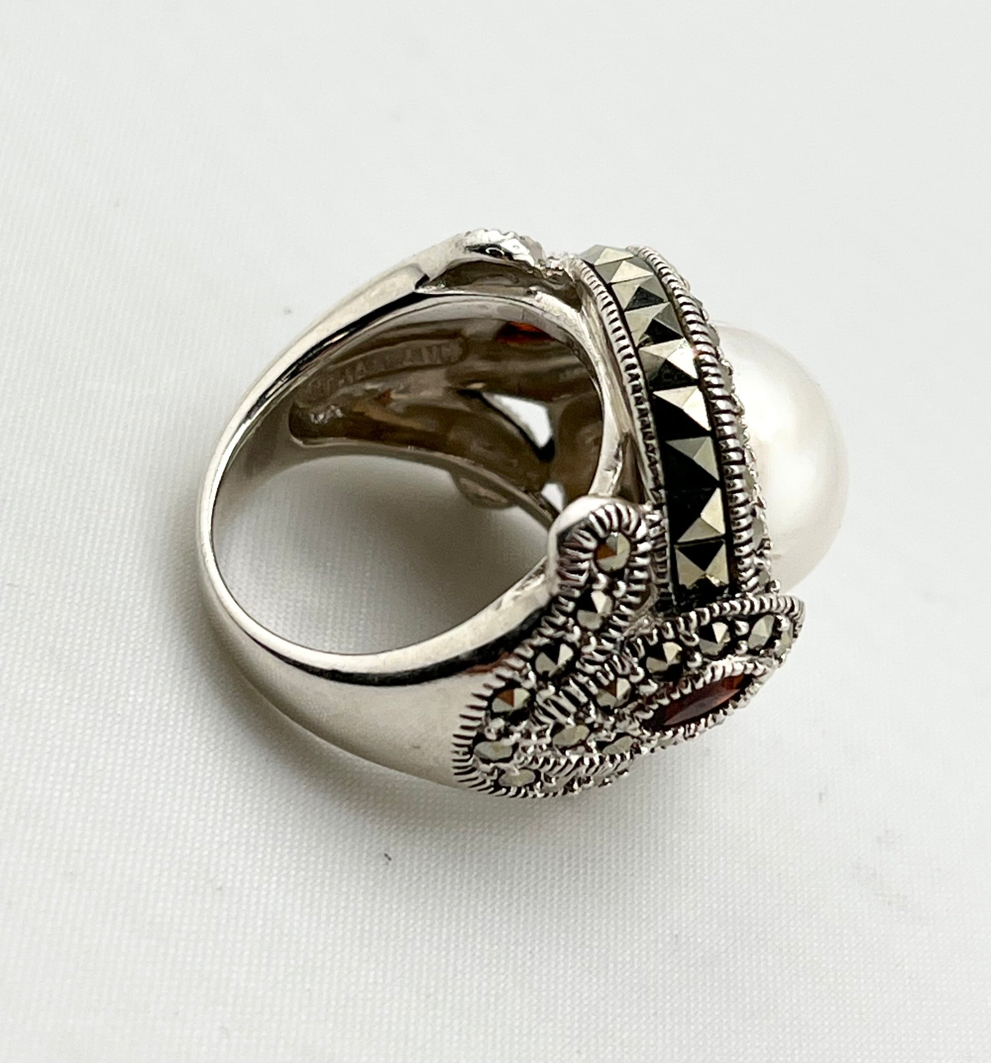 925 Sterling Silver Victorian Blister Pearl And Faceted Marcasite Ring