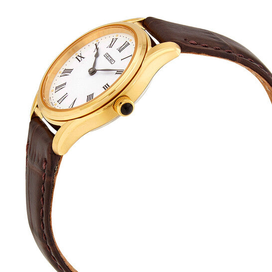 Seiko Women’s Quartz Dress Watch White Dial Gold-Tone Case Brown Leather Strap