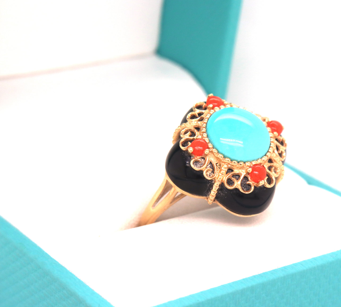 14kt Yellow gold black onyx, Turquoise and coral cocktail ring