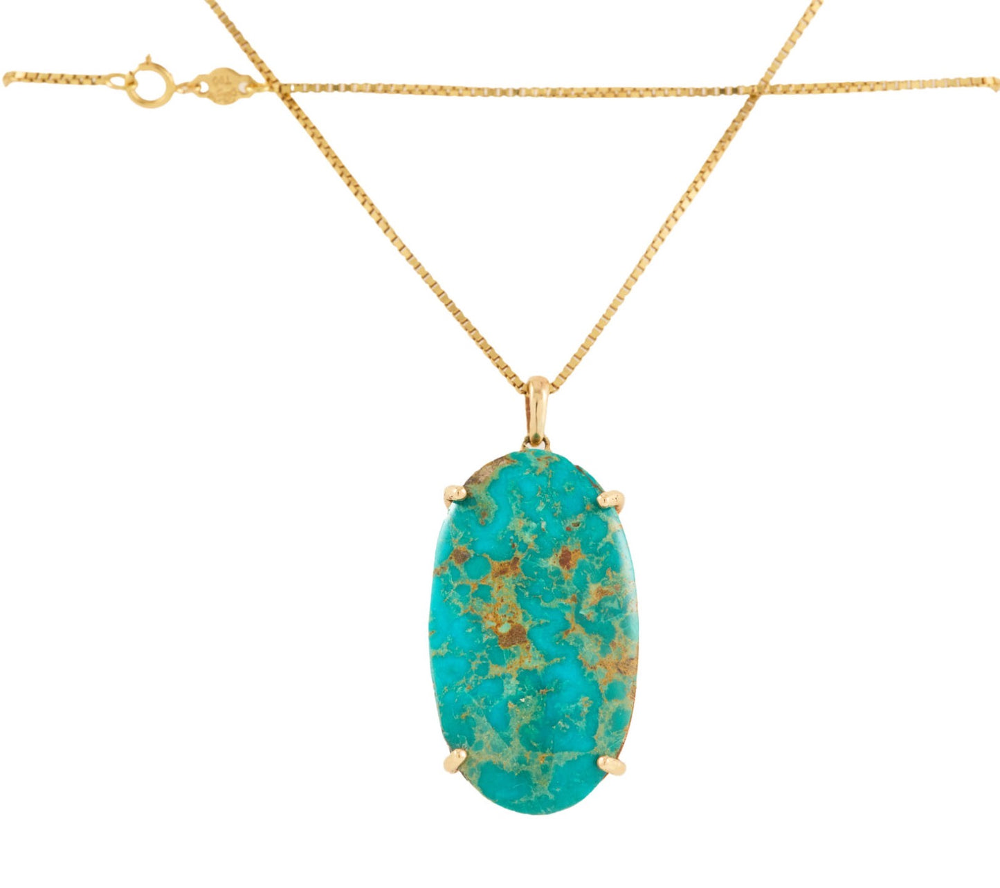 18kt Yellow gold oval Turquoise pendant on box chain