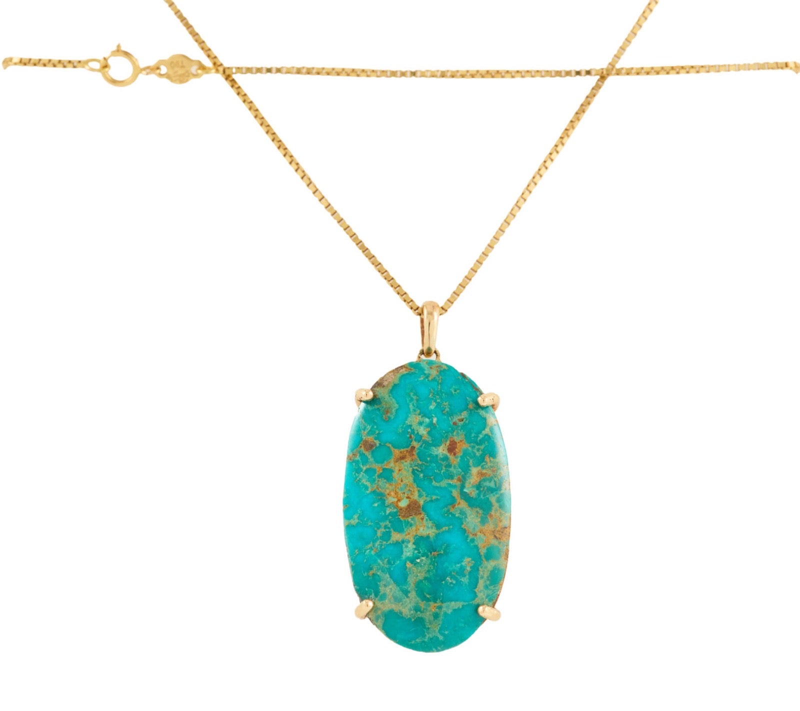 18kt Yellow gold oval Turquoise pendant on box chain