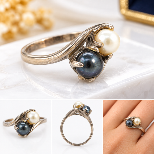 10kt White gold grey and white fresh water pearl ring