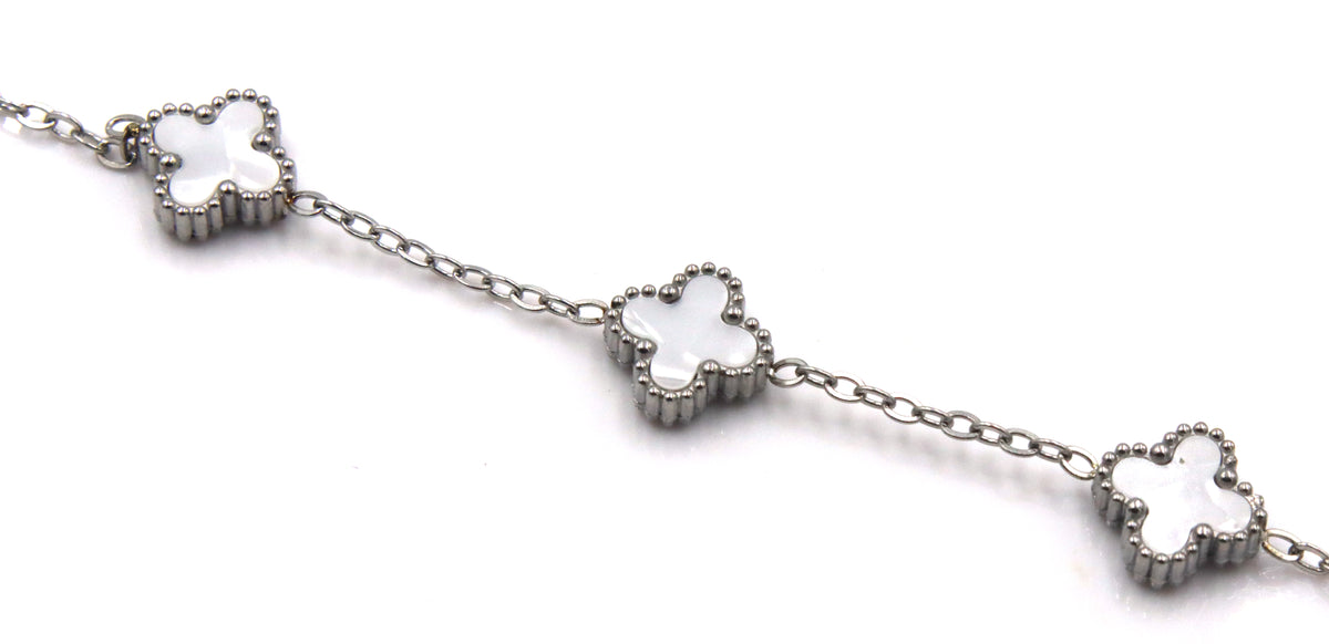 Stainless steel white stone clover station bracelet
