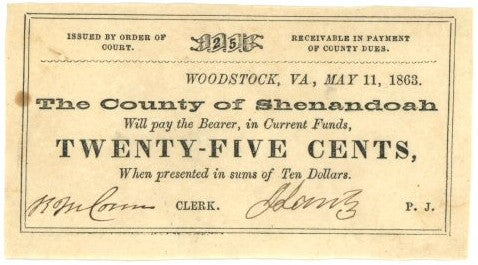 1863 County of Shenandoah, Virginia 25 Cents Obsolete Note – Civil War Era Currency