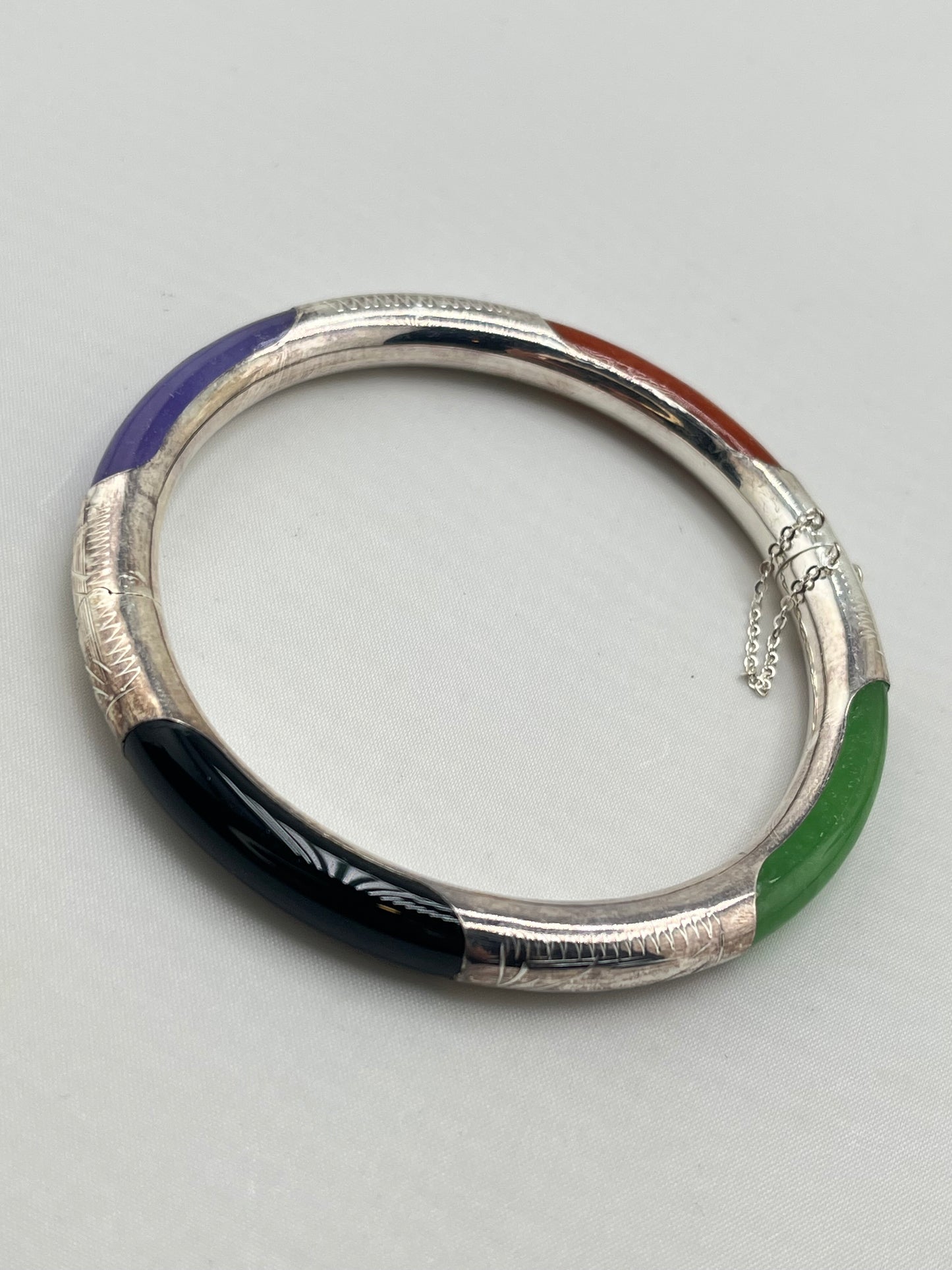 925 Sterling Silver Kwan Collection Hinged Bangle With Multi Color Jade Detail