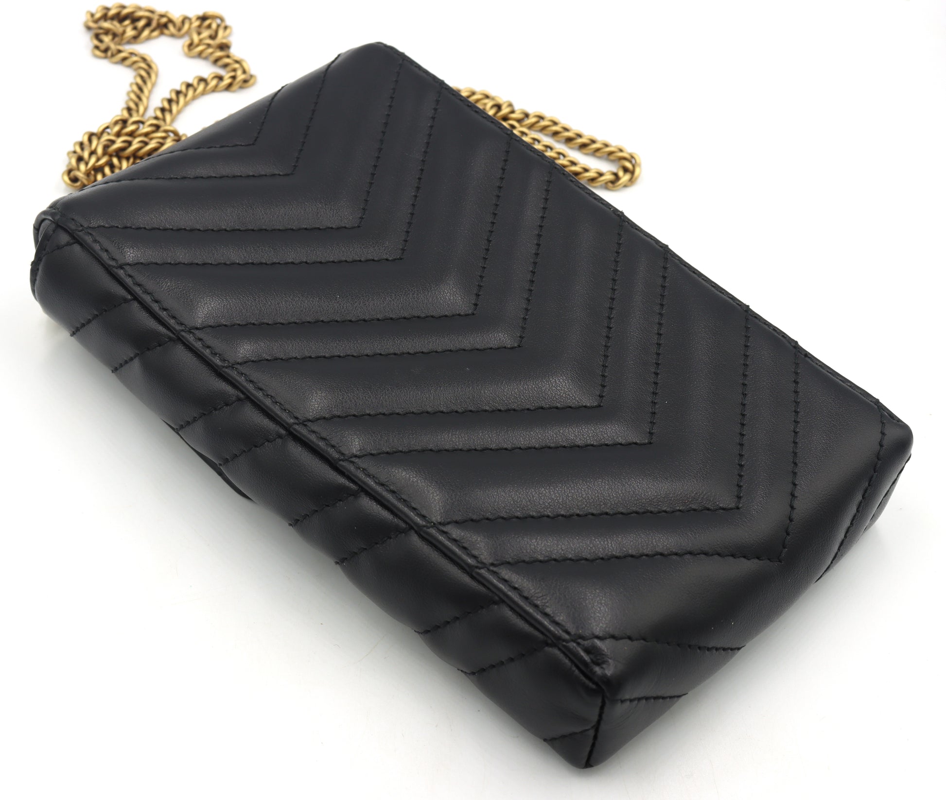 Gucci GG Marmont black chevron leather phone pouch chain cross body bag