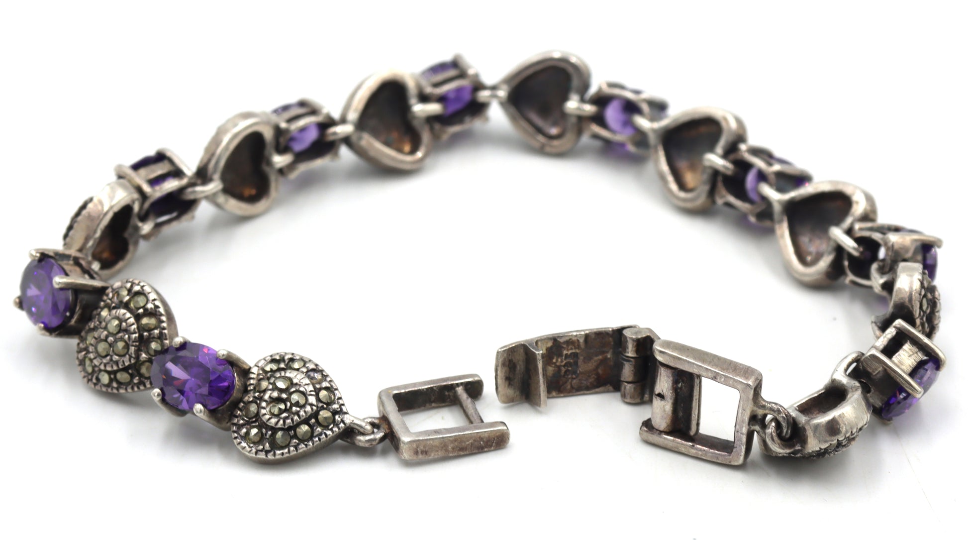 925 Sterling silver marcasite and amethyst link bracelet