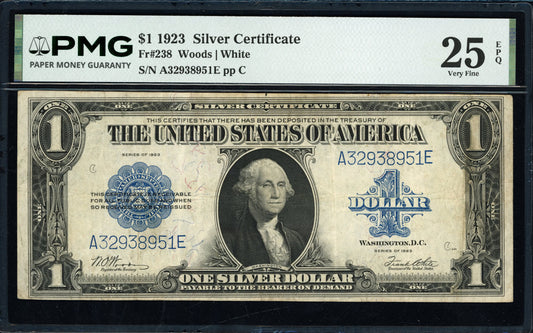 1923 $1 Silver Certificate “Horse Blanket” Fr. 238 Woods/White PMG 25 EPQ Very Fine