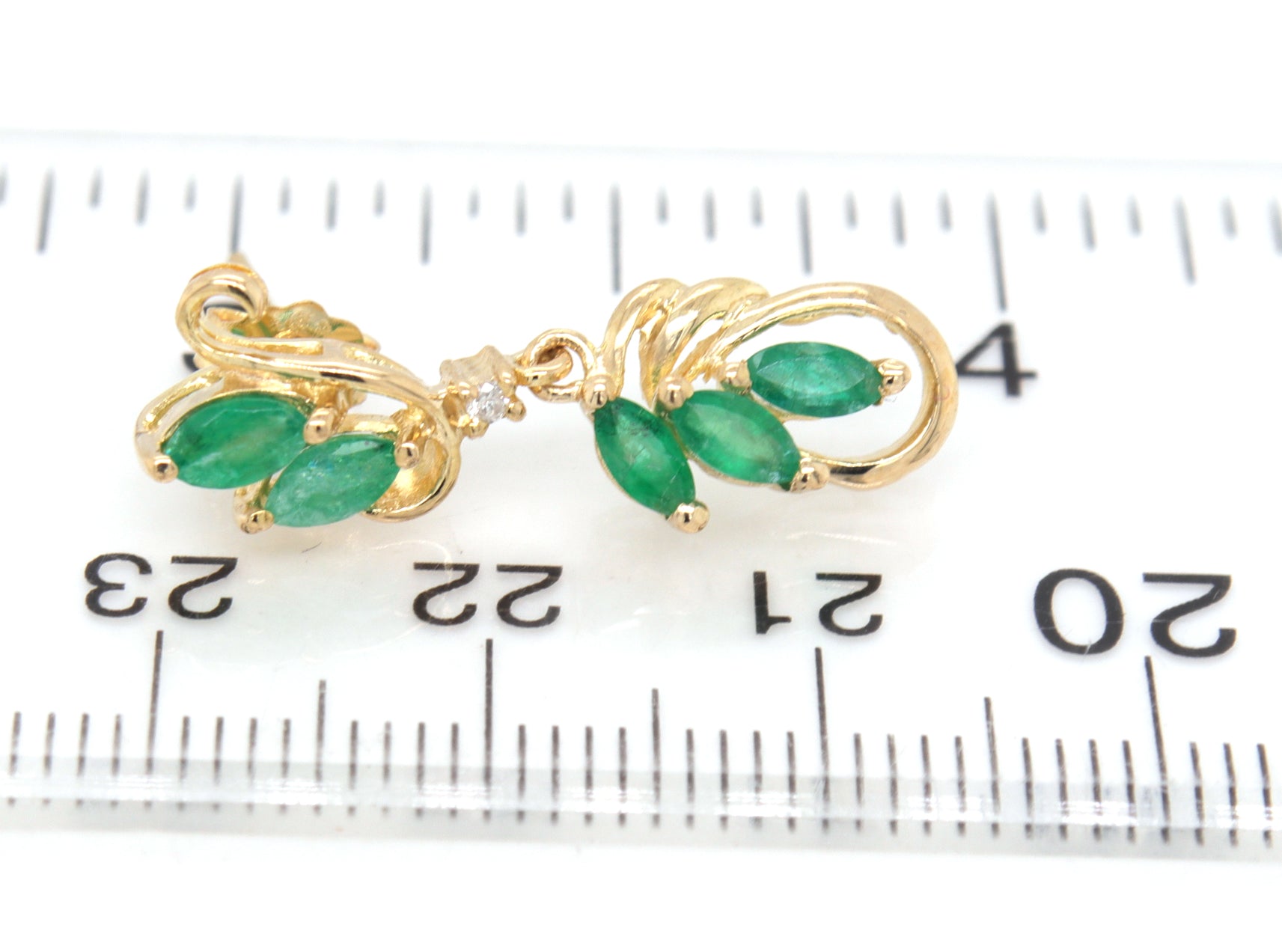 14kt Yellow gold Marquise emerald and diamond dangle earrings