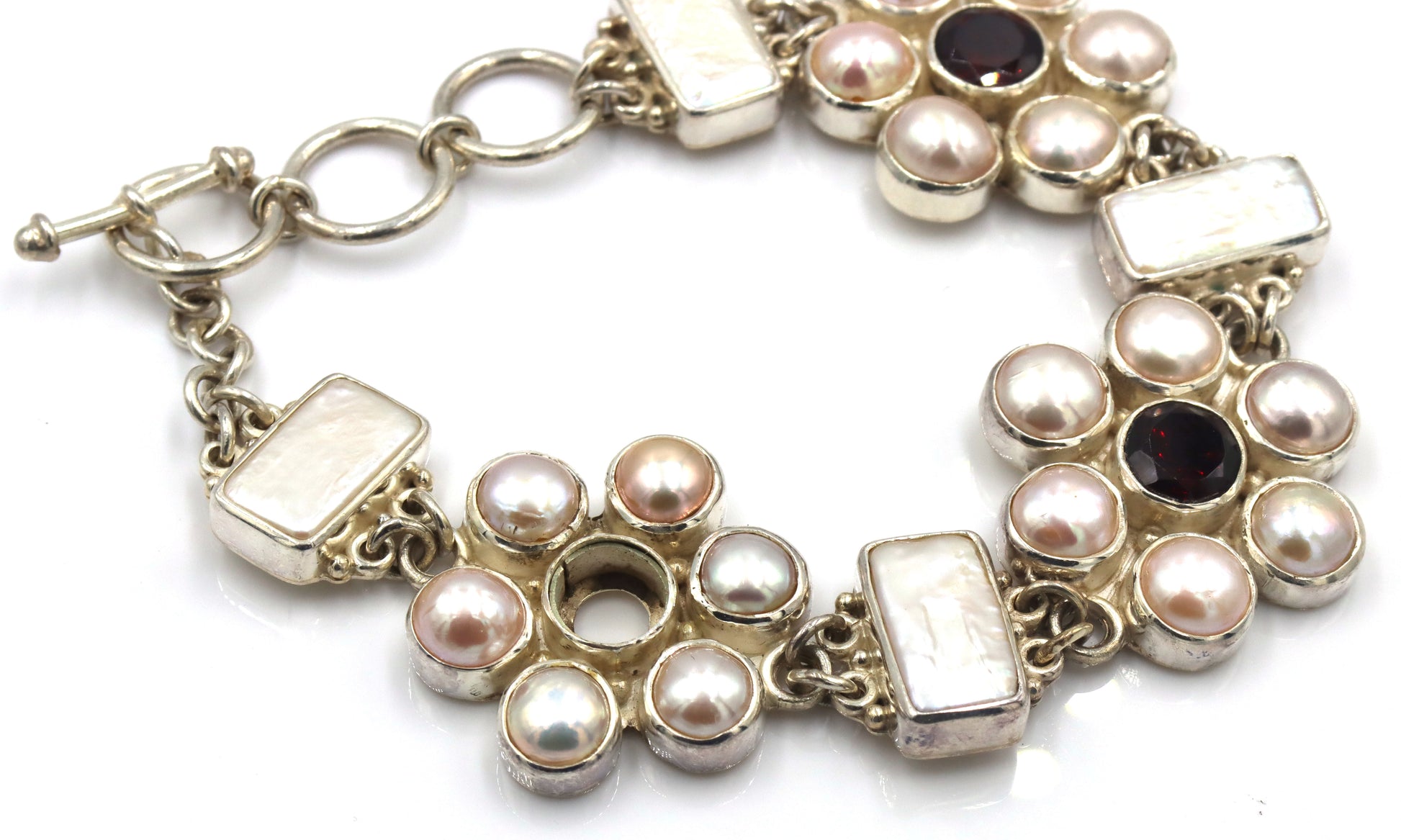925 Sterling silver Sejan signed pearl flower style link toggle bracelet