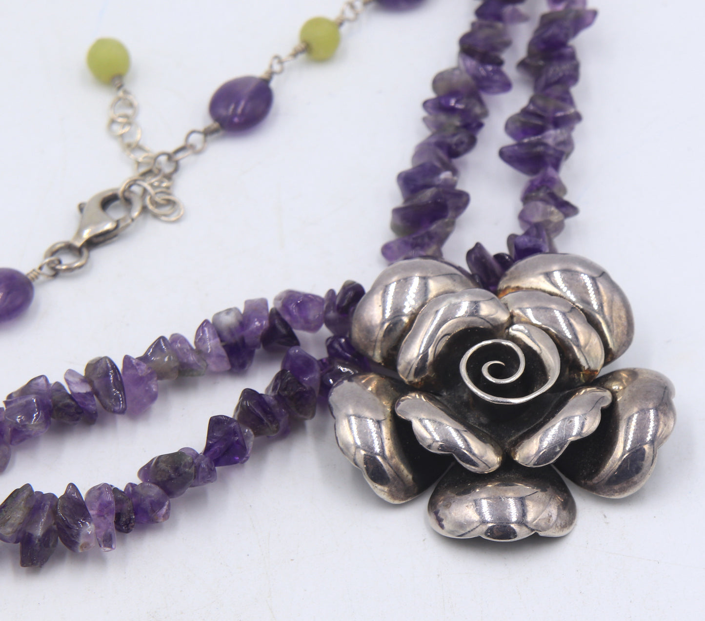 Vintage 925 sterling silver signed Flower pendant on Amethyst beaded necklace