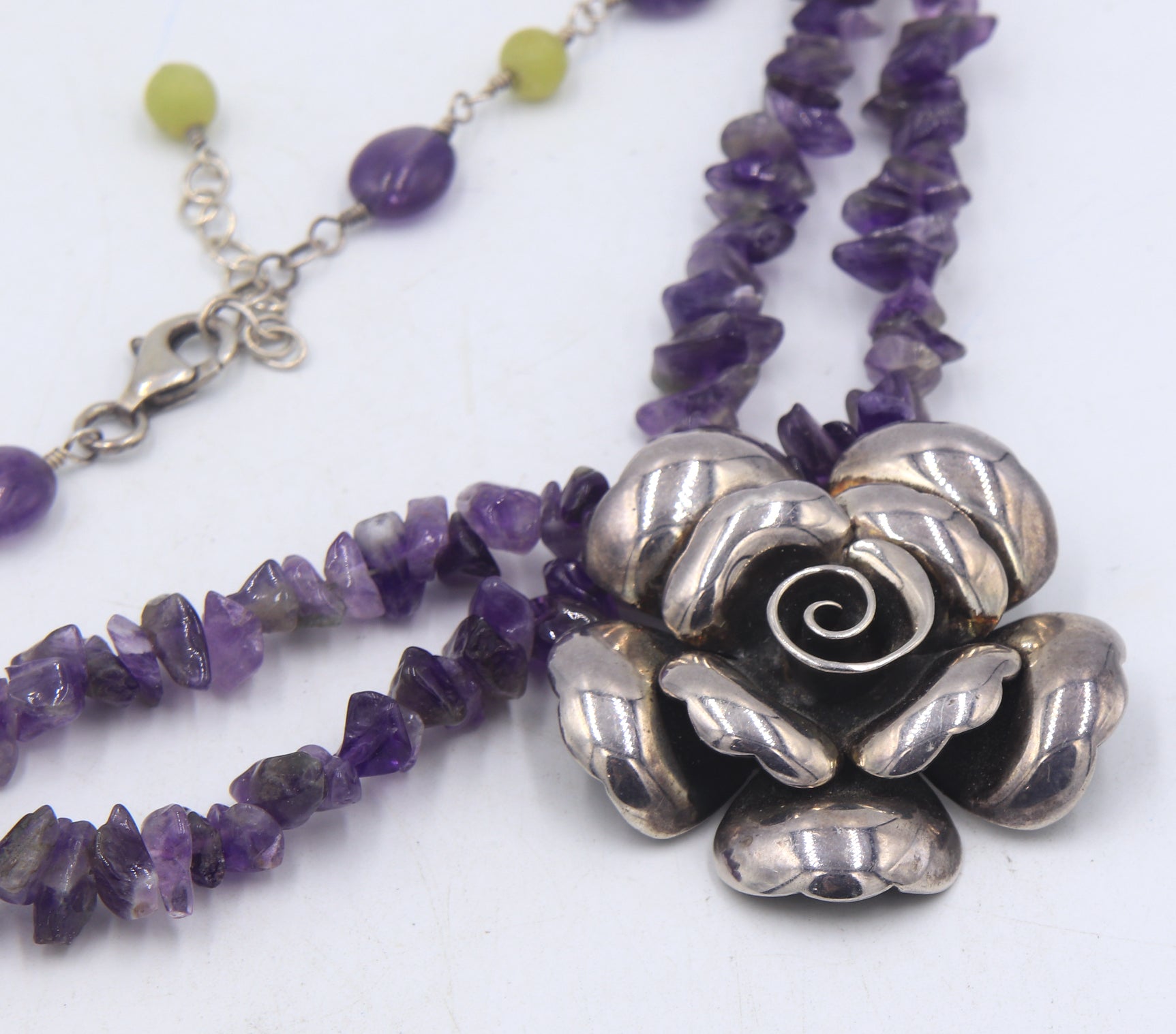 Vintage 925 sterling silver signed Flower pendant on Amethyst beaded necklace