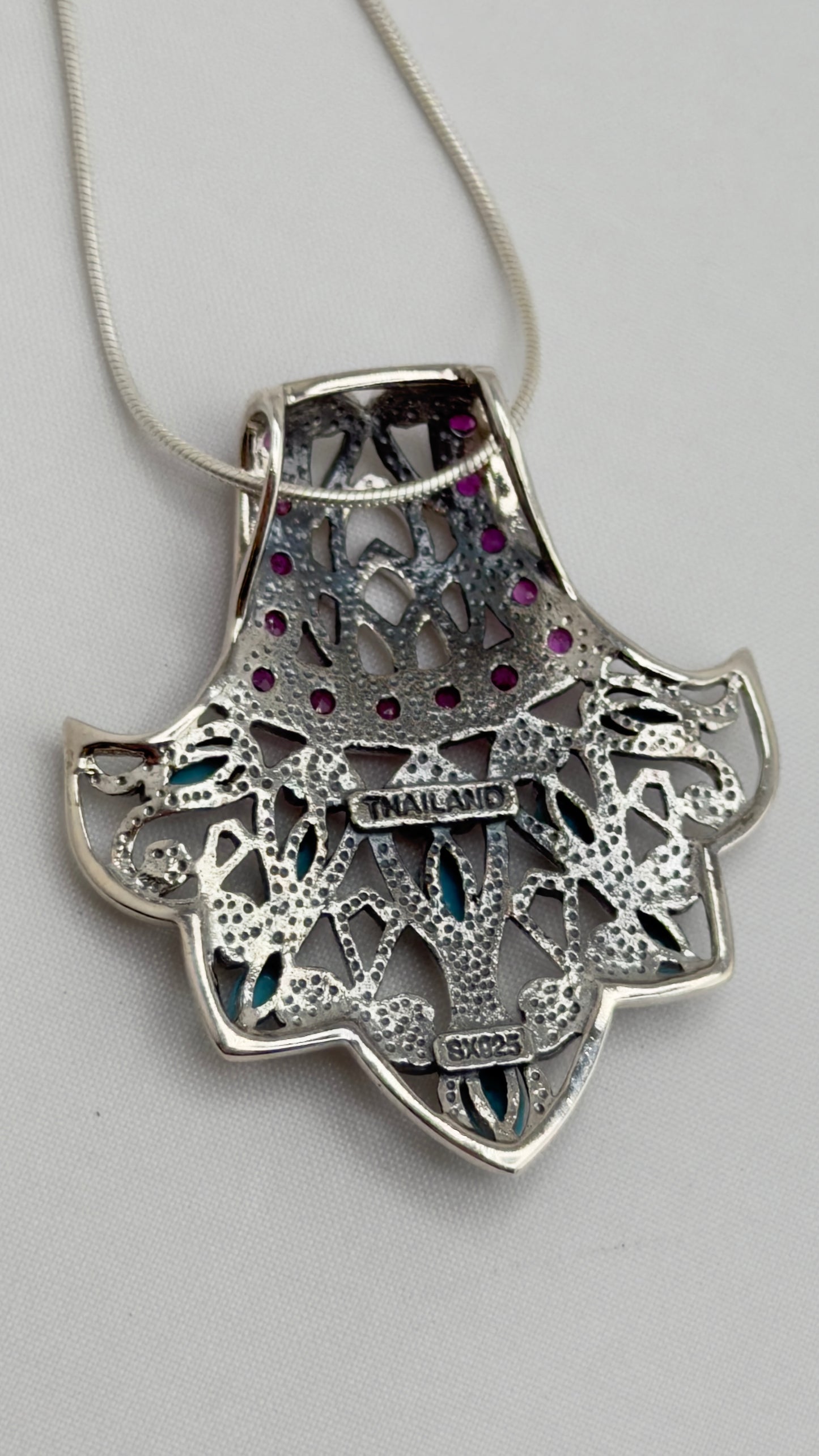 925 Sterling Silver Filigree Design Turquoise And Red Stone Details Necklace