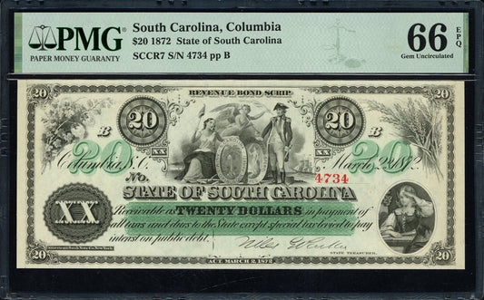 1872 $20 State of South Carolina Note Columbia Issue PMG Gem Uncirculated 66 EPQ