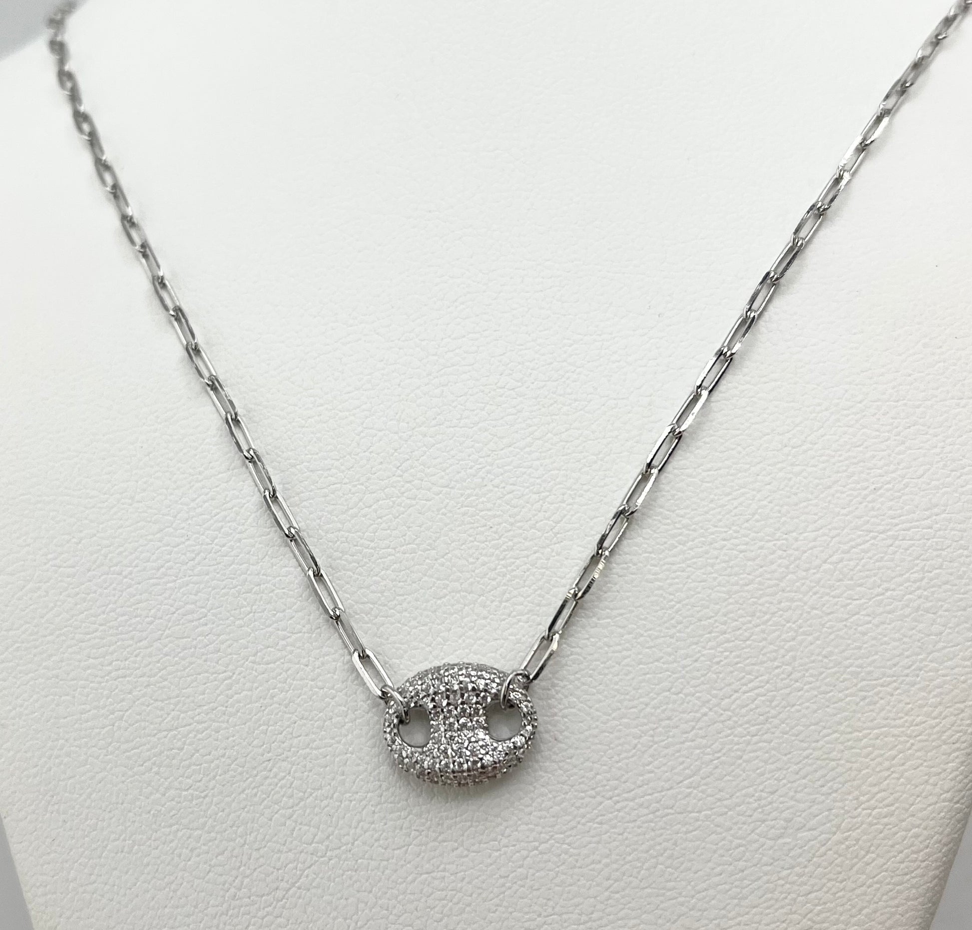 925 Sterling Silver Full Crystal pave Interlocking Circle Pendant With Paperclip Chain Necklace