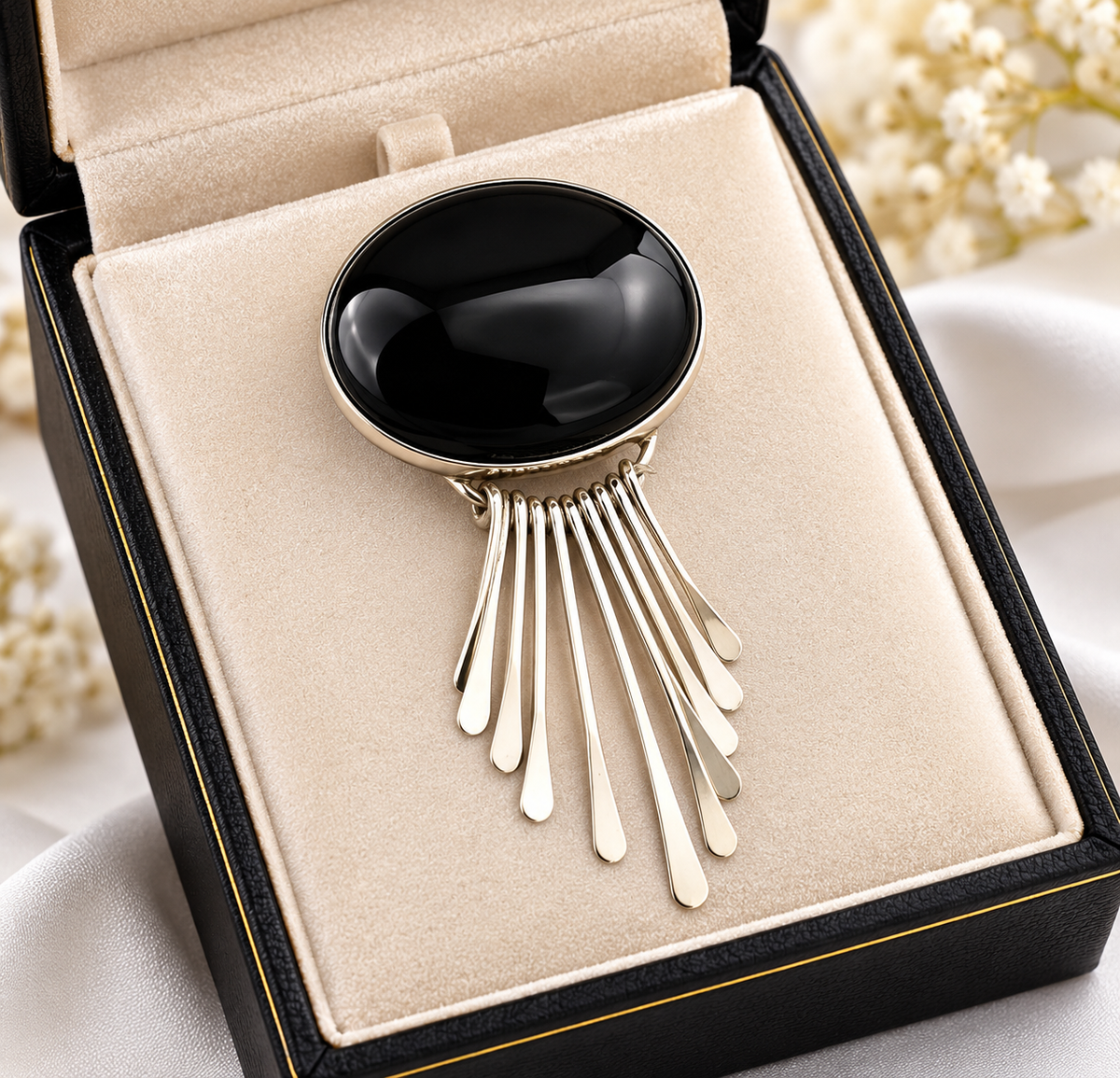 925 Sterling Silver Mexico Onyx Modernist Prndant Brooch With Dangle Bars Penndant