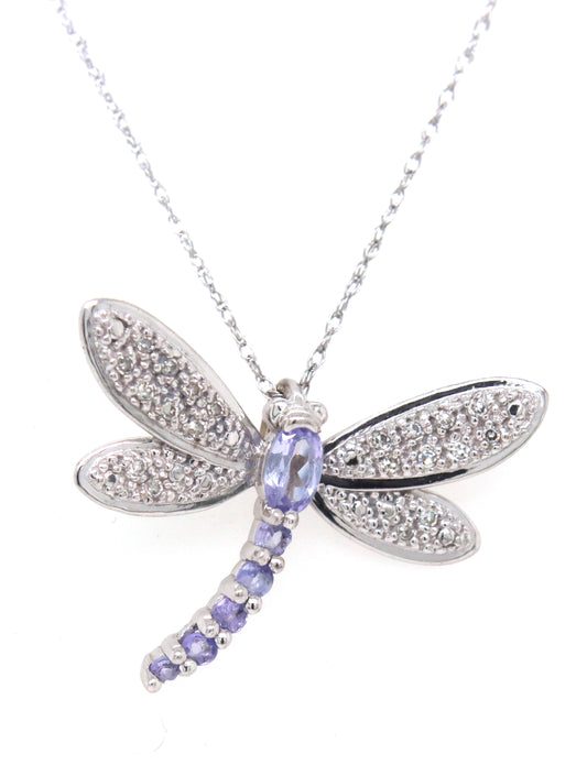 10kt White gold oval tanzanite and diamond dragonfly pendant on chain