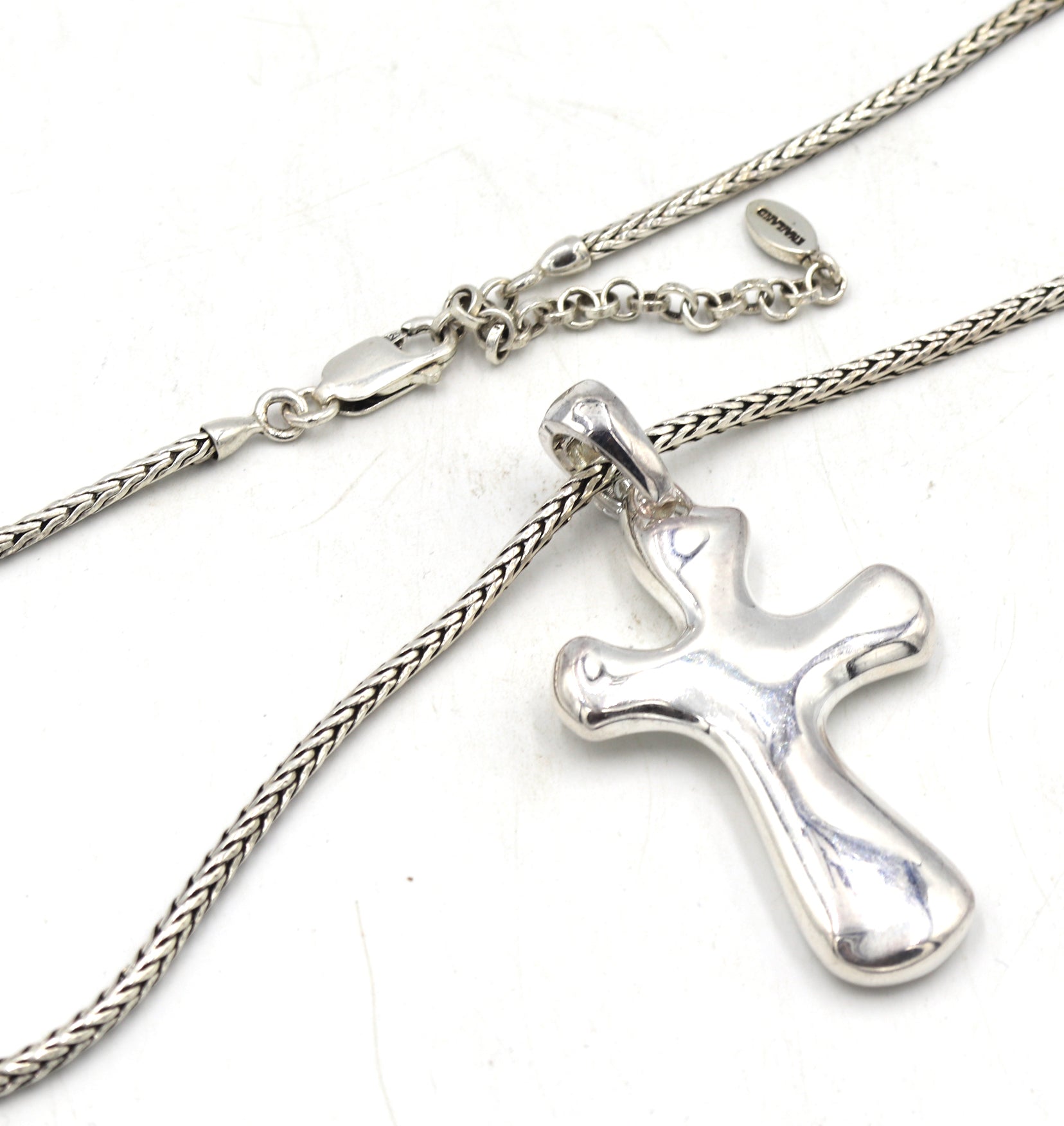 925 Sterling silver signed cross pendant on Byzantine chain necklace