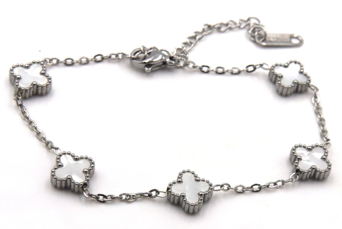 Stainless steel white stone clover bracelet