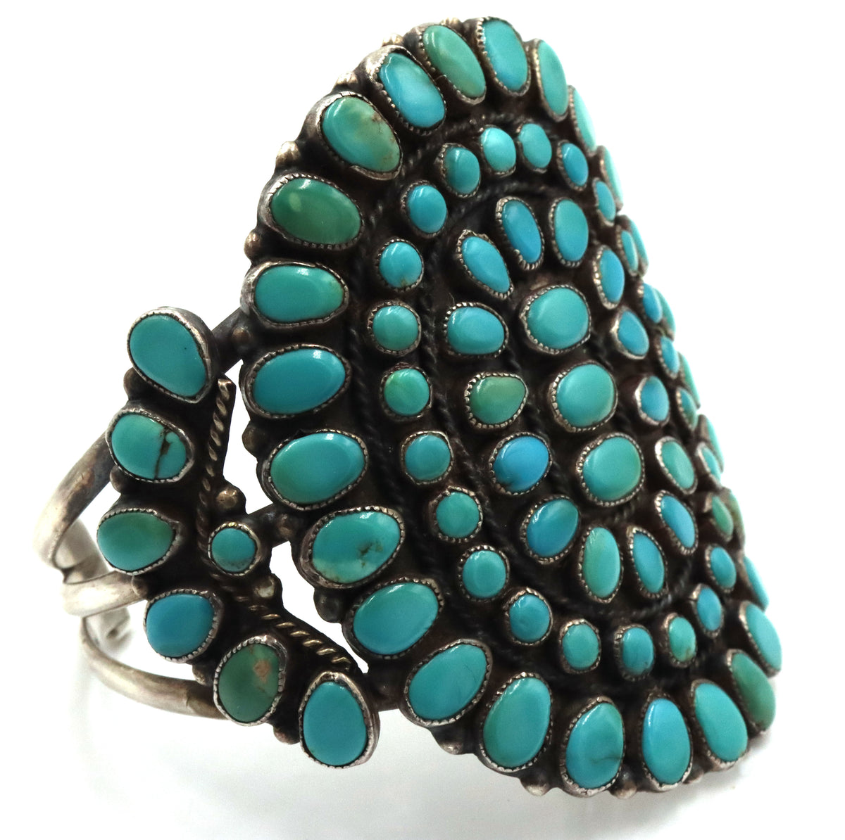 925 Vintage Sterling Silver Rare Large Intricate Cluster  Natural Turquoise Cuff Bracelet