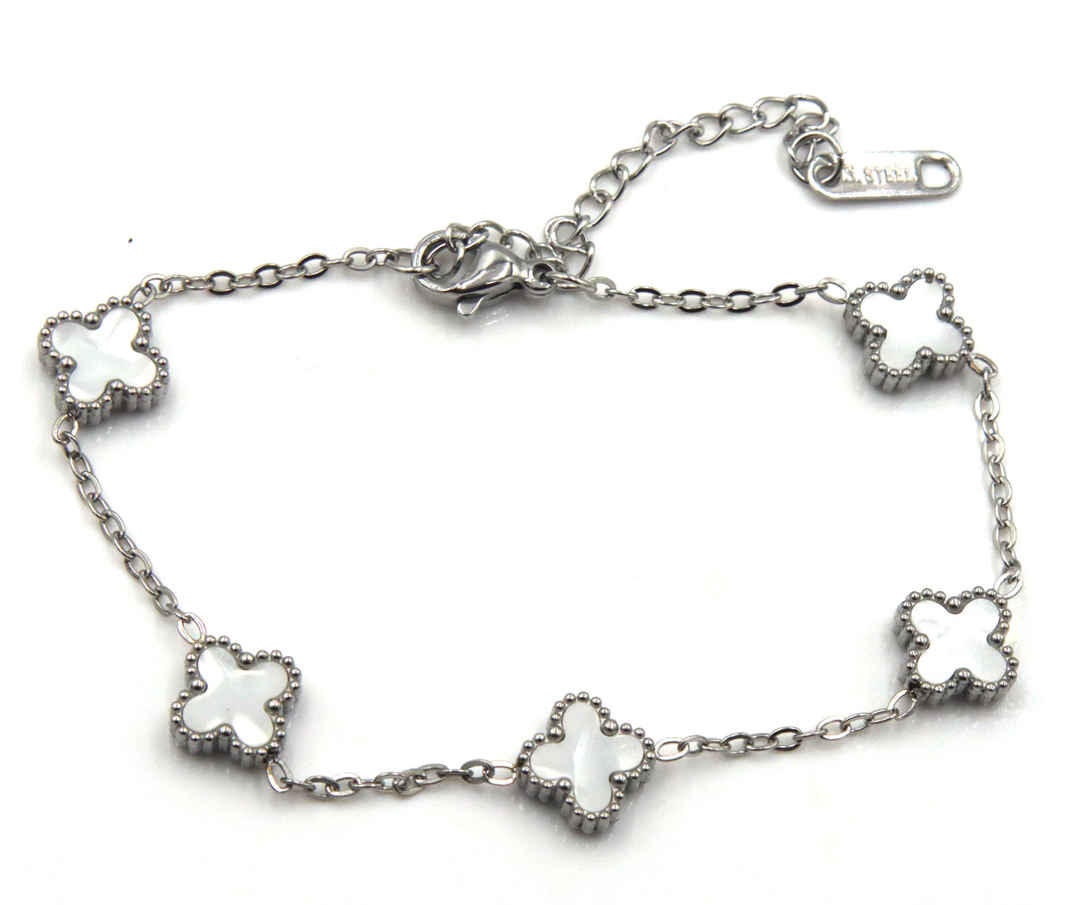 Stainless steel white stone clover bracelet
