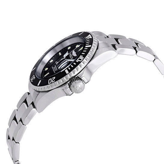 Invicta Pro Diver Men's Stainless Steel Watch – Black Dial, Silver-Tone Bracelet, 200M Water Resista