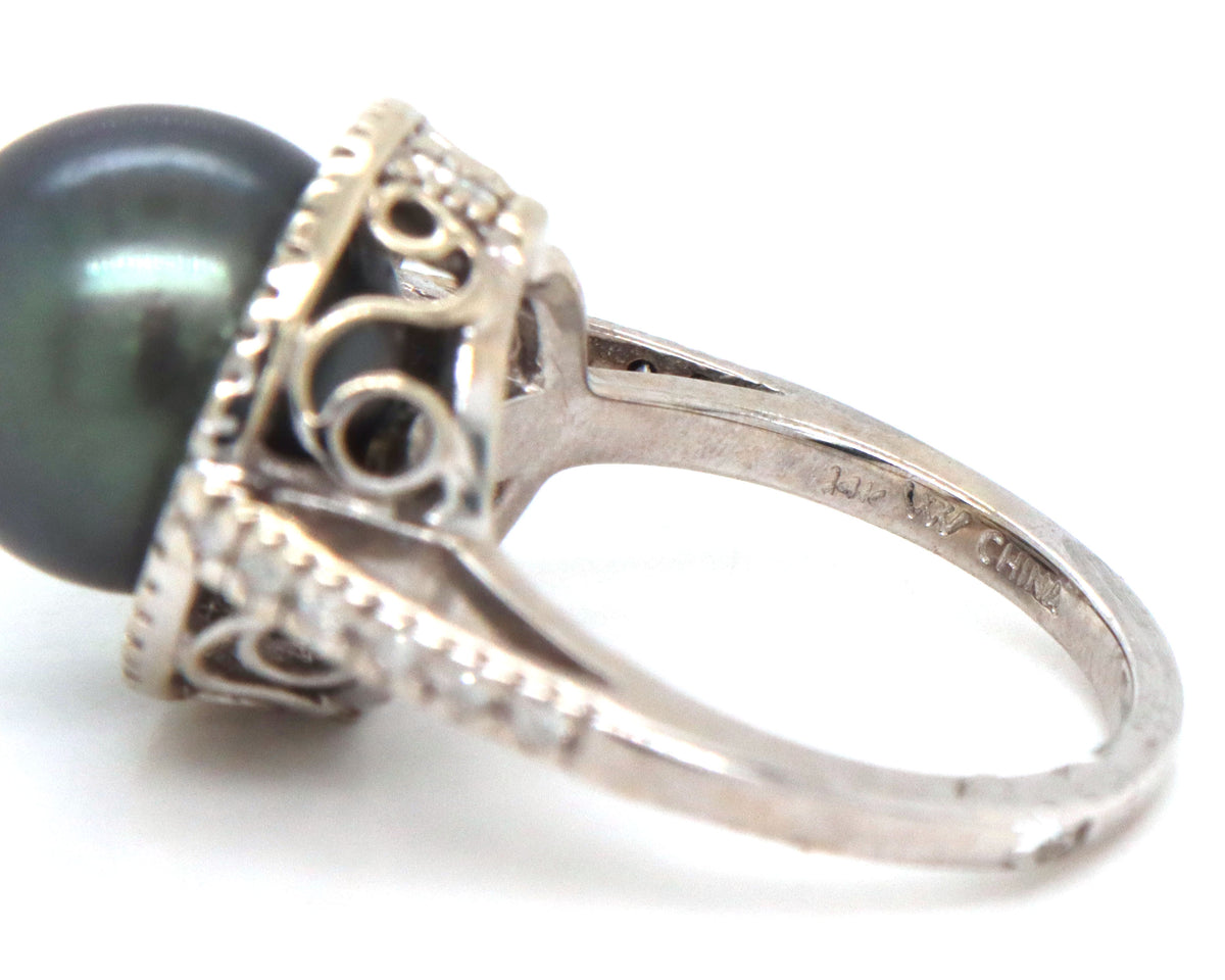14kt White Gold Grey Tahitian Pearl and Diamond Halo Ring