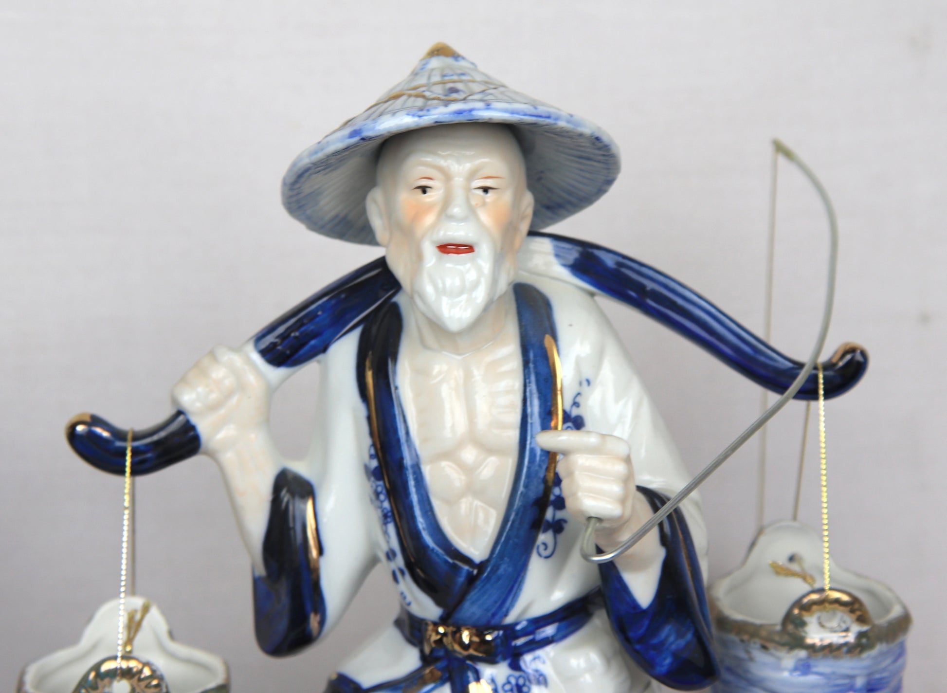Vintage Blue & White Porcelain Asian Fishermen Figurines – Pair – Hand Painted