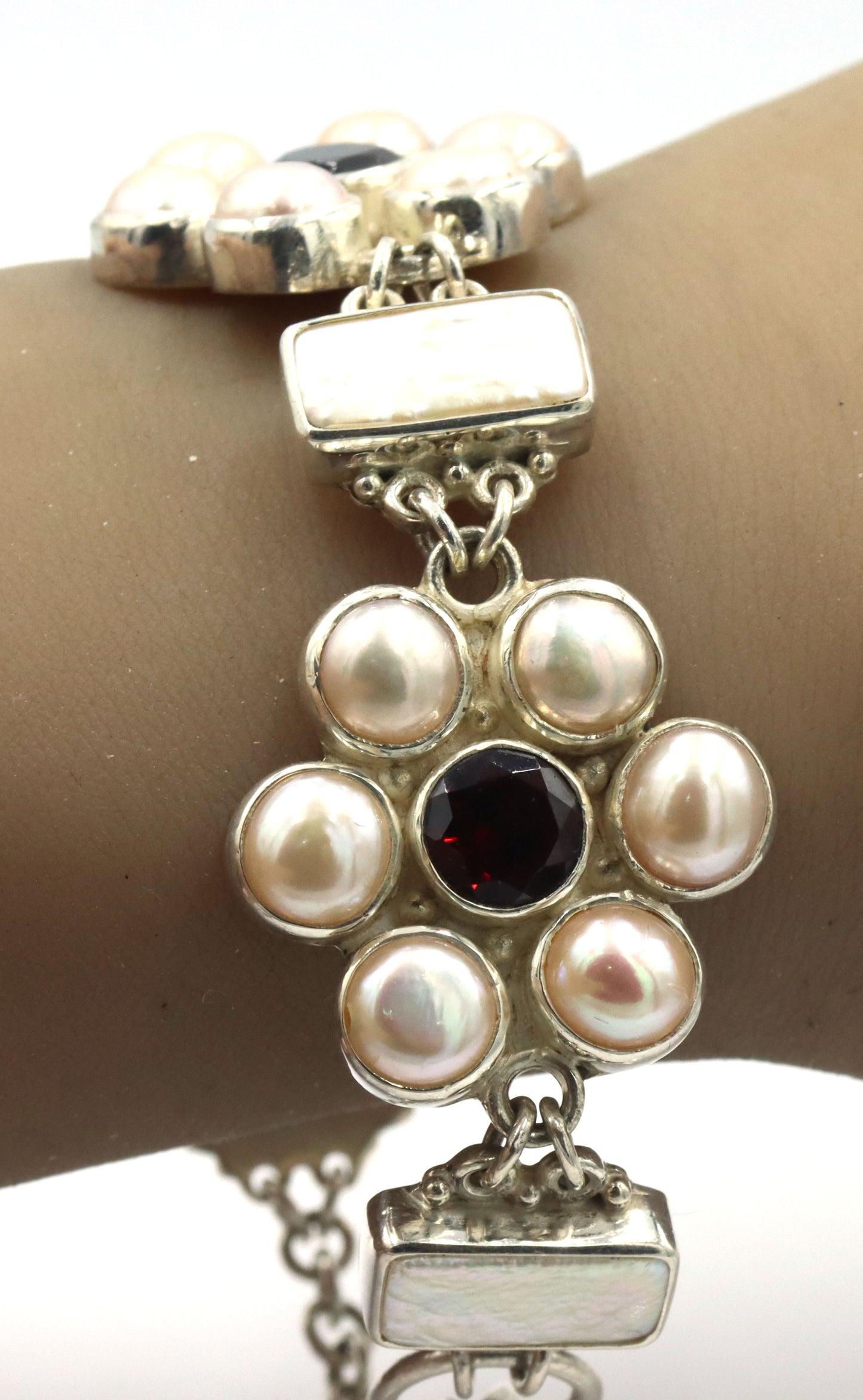 925 Sterling silver Sejan signed pearl flower style link toggle bracelet