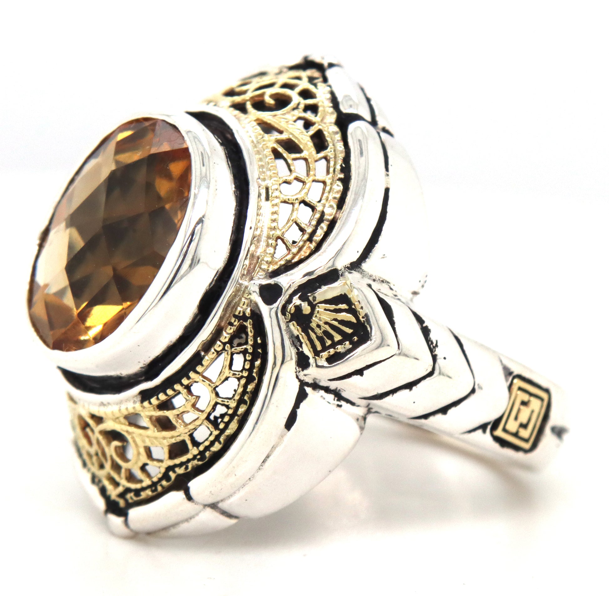 Bezel set oval Citrine open art Filigree cocktail ring