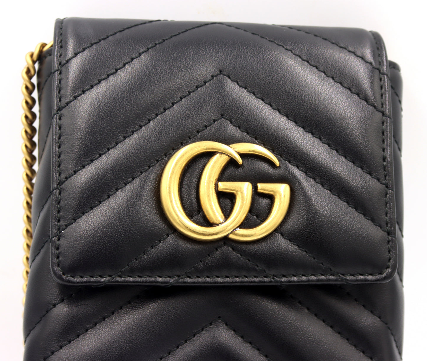 Gucci GG Marmont black chevron leather phone pouch chain cross body bag