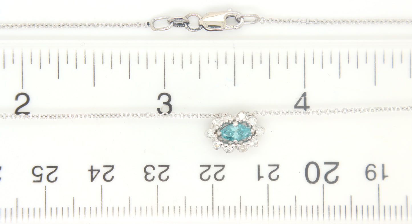 14kt White gold IR Teal and diamond necklace