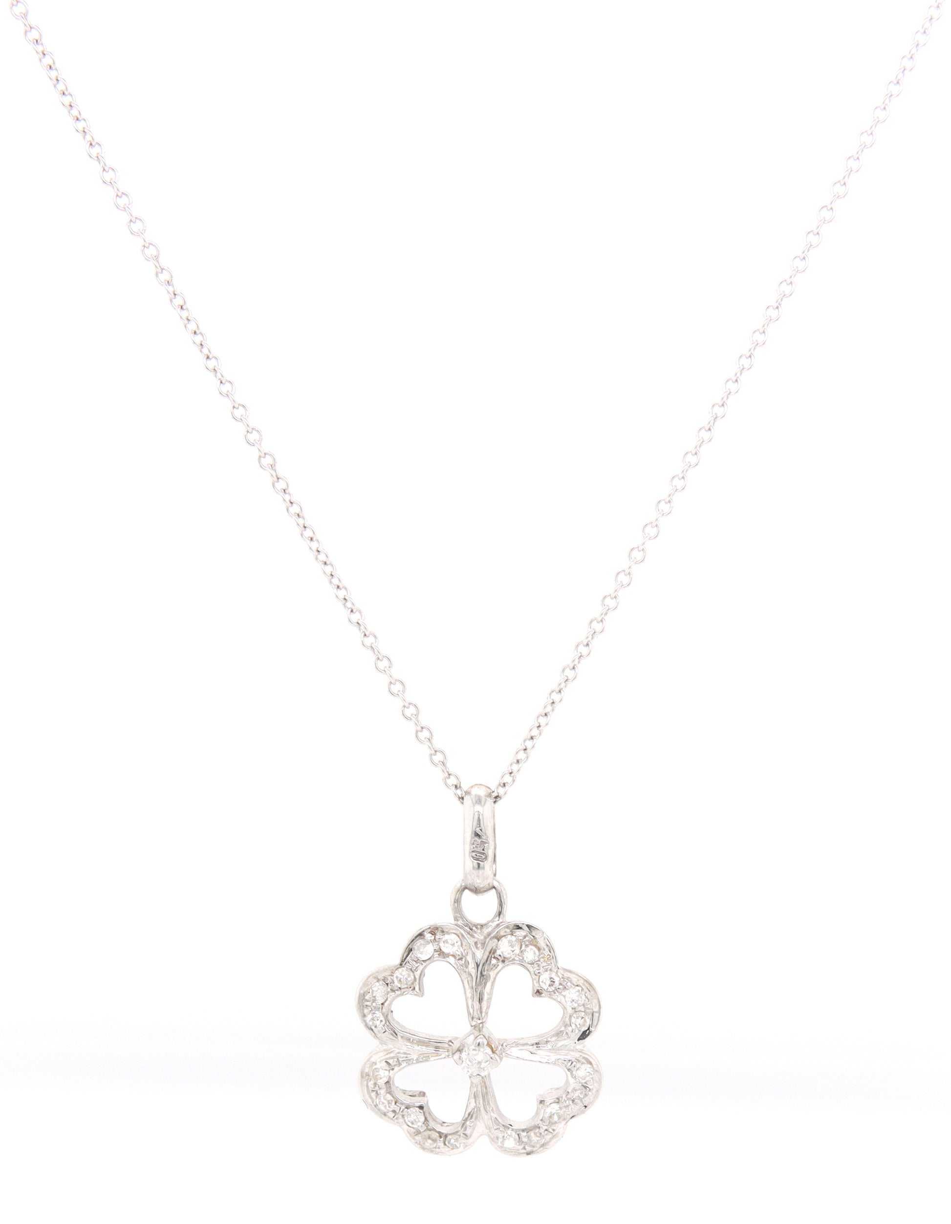 18kt White gold diamond heart clover charm pendant on chain