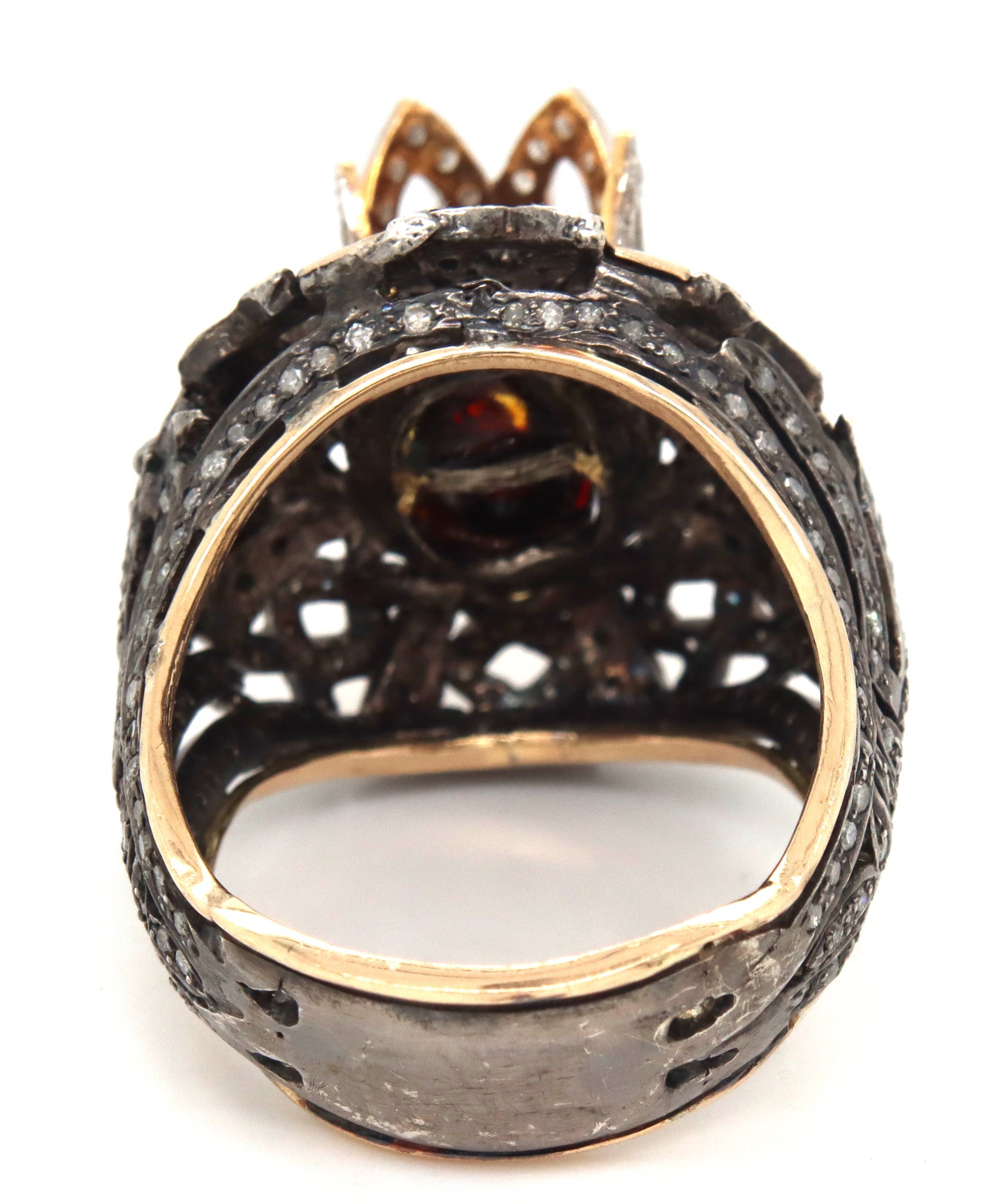 Gent's carved stone skull silver and 10kt gold diamond ring