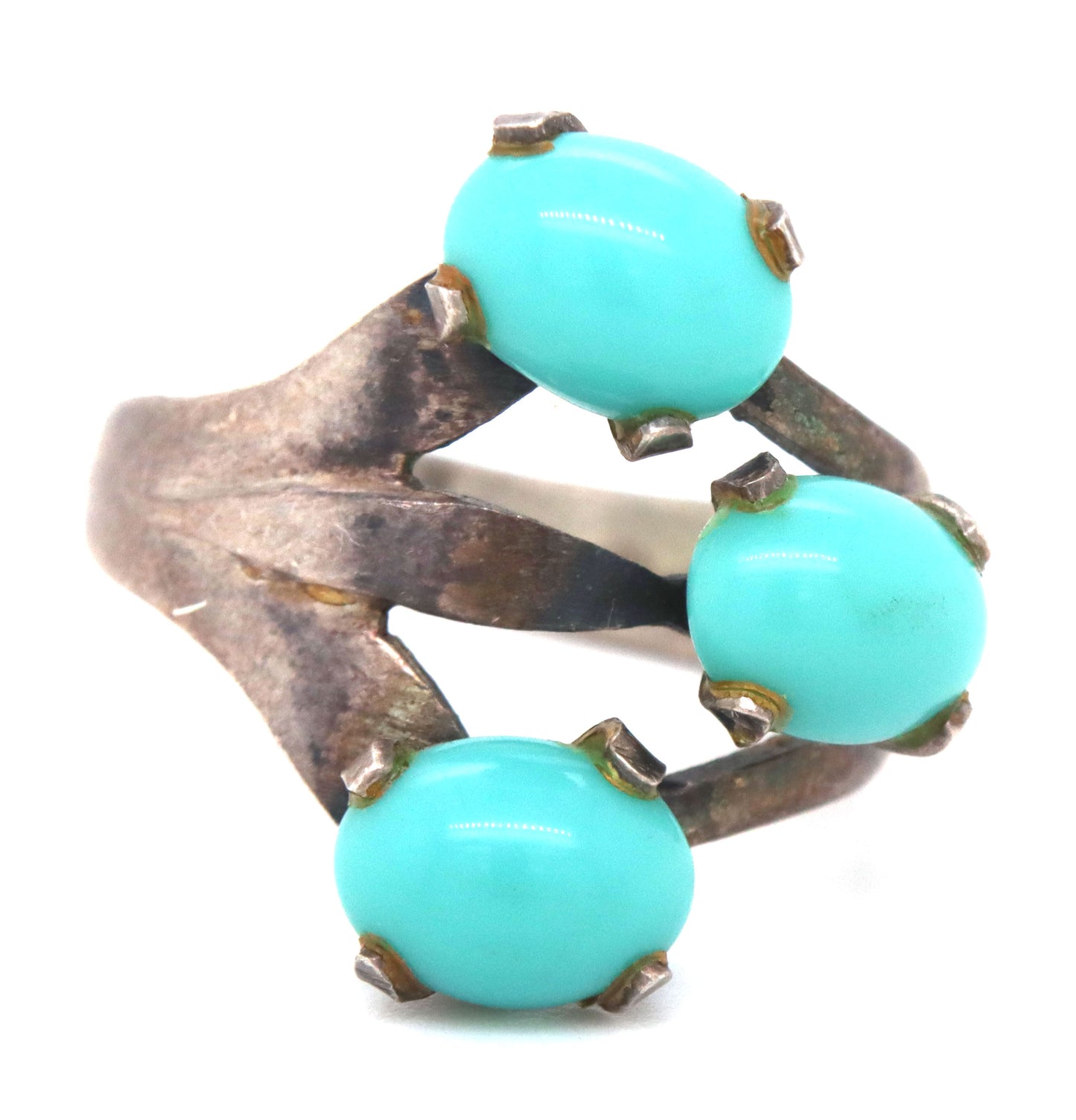 925 Sterling Silver Vintage Mexico stamp Three Turquoise Stone Rong