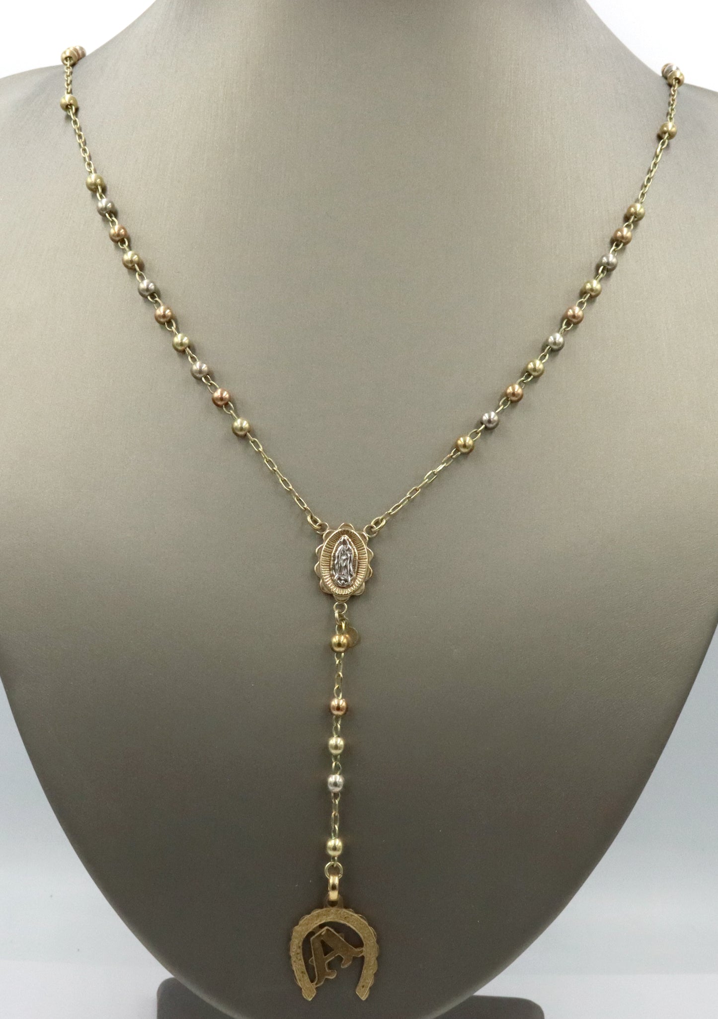 14kt Tri color gold Rosary necklace with A initial