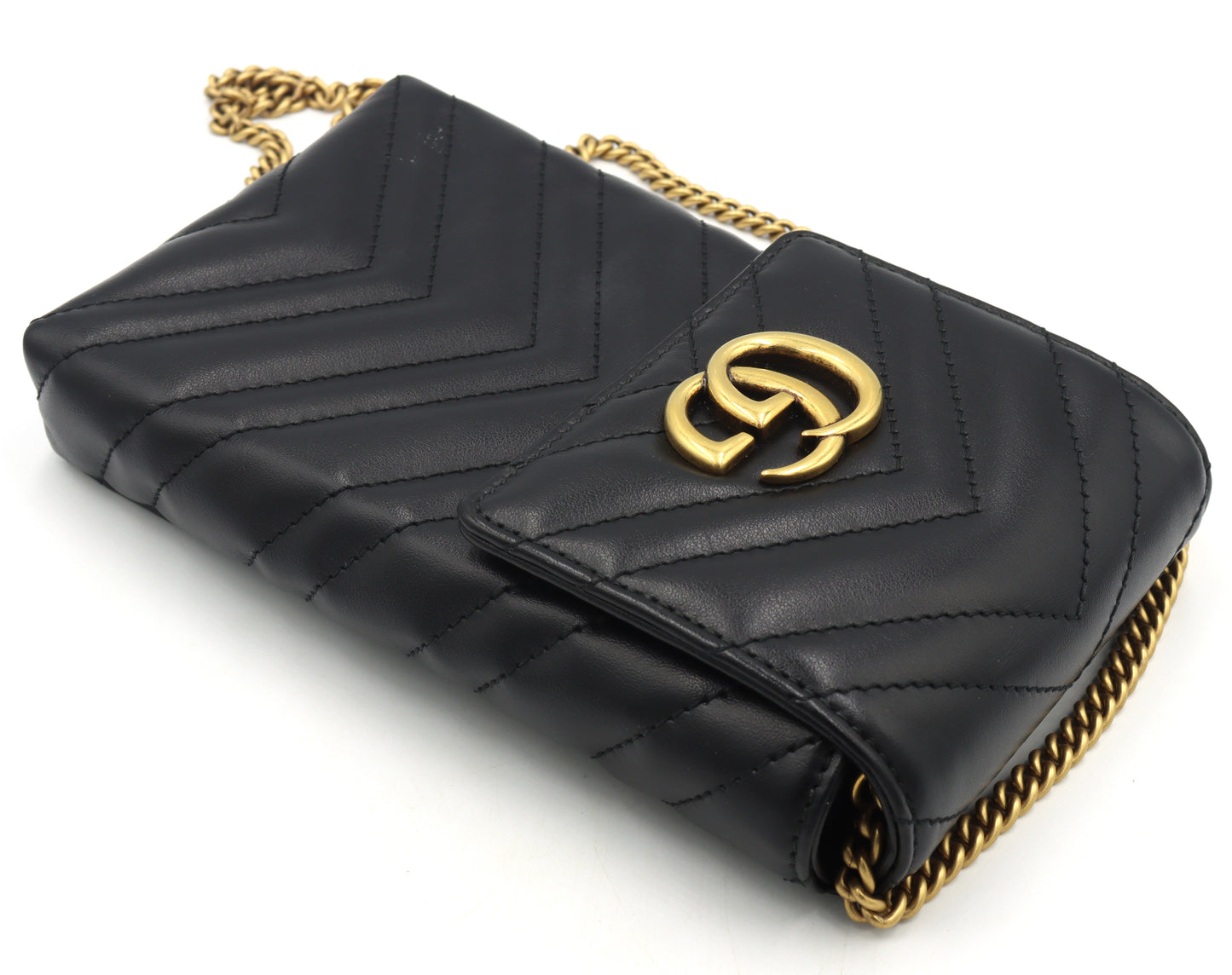 Gucci GG Marmont black chevron leather phone pouch chain cross body bag