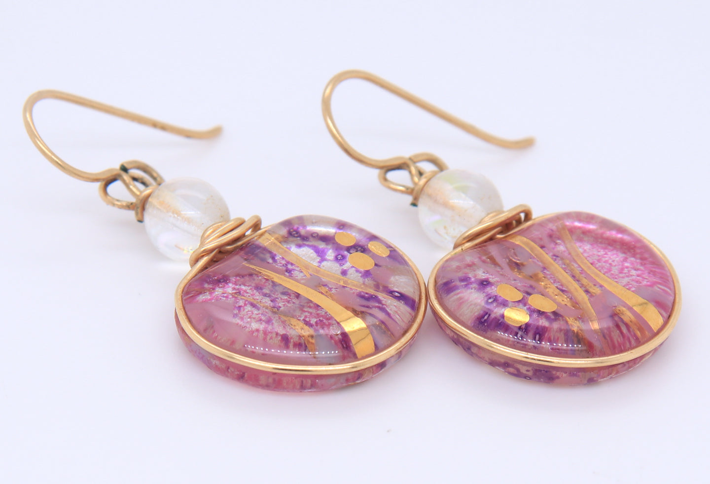 Beautiful Yellow Gold Pink Glass Dangle Earrings