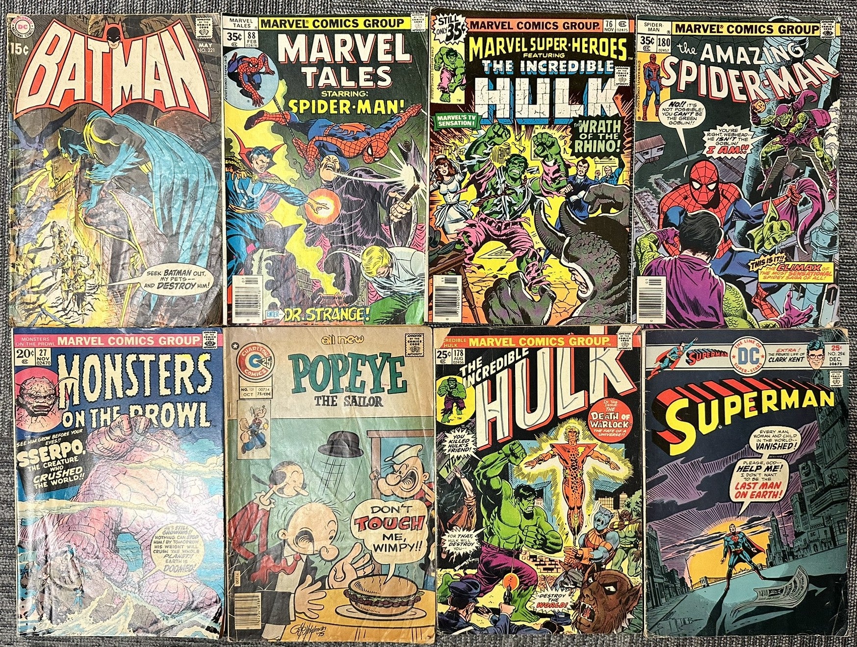 Vintage Bronze Age Comic Book Lot of 8 Marvel & DC Batman Spider-Man Hulk Superman