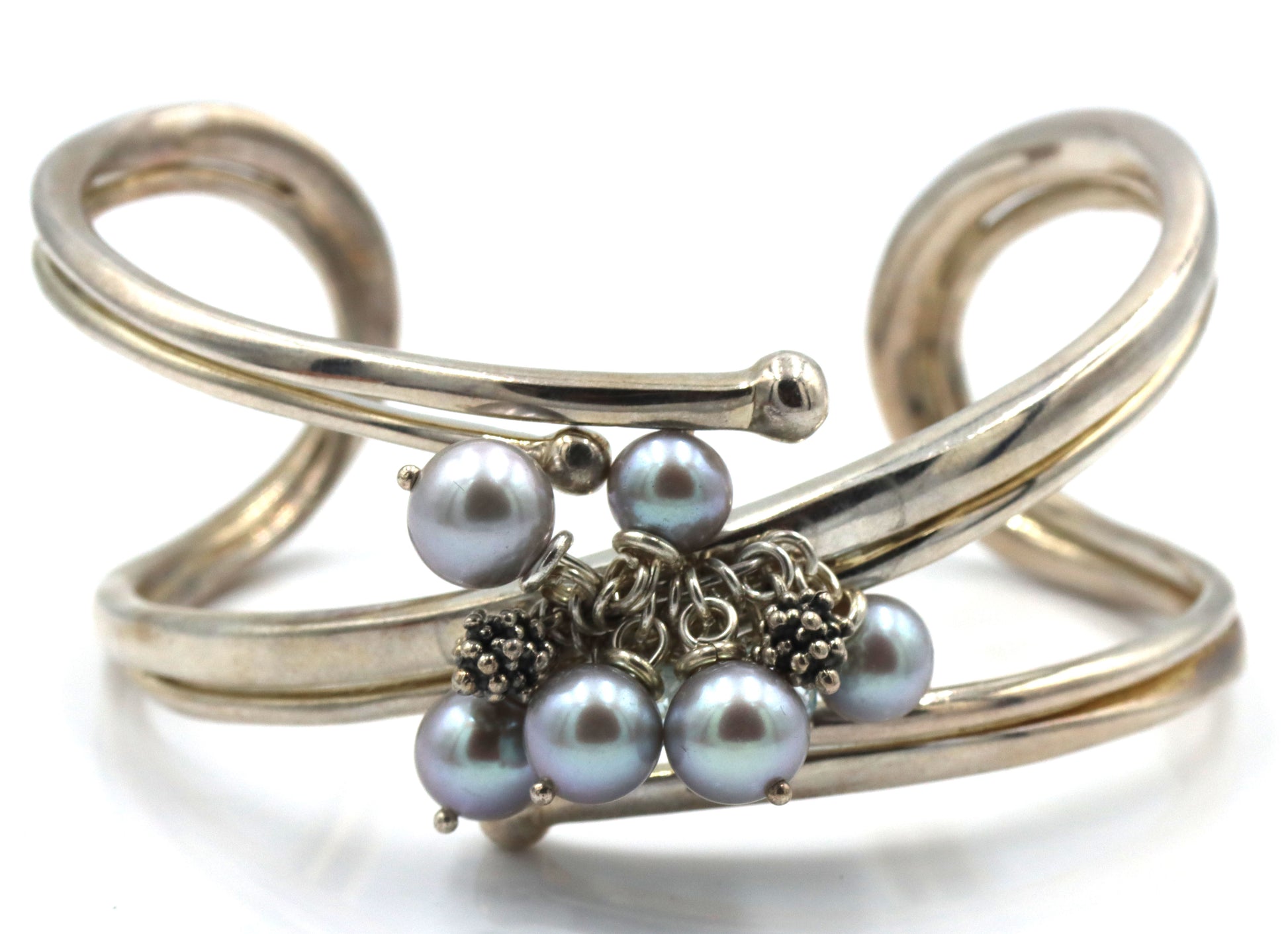 925 Sterling Silver Michael Dawkins Pearl & Blue Topaz Cuff Bracelet