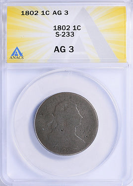 1802 Draped Bust Large Cent S-233 ANACS AG-03 BN Early U.S. Copper Sheldon Variety