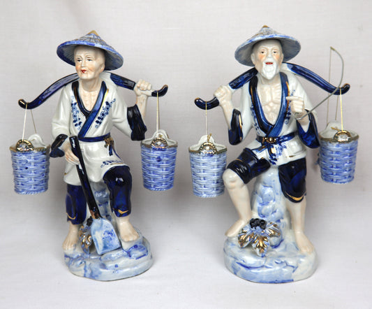 Vintage Blue & White Porcelain Asian Fishermen Figurines – Pair – Hand Painted