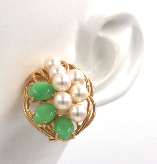 14kt Yellow gold white fresh water pearl and Jade earrings