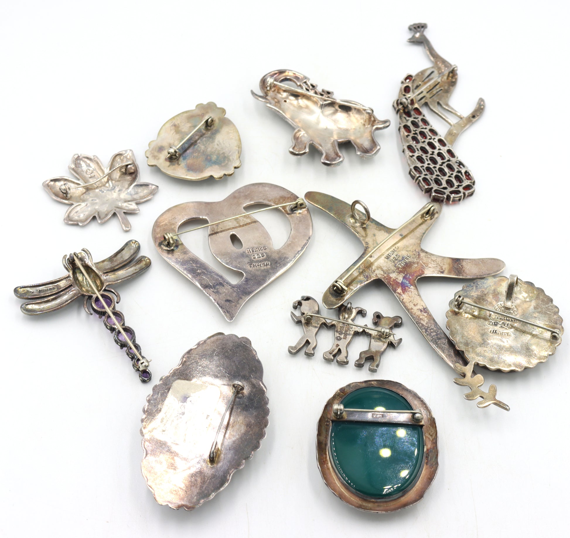Big group lot of Vintage 925 sterling silver gemstone brooches