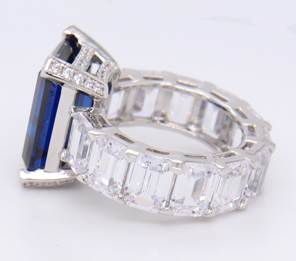 Sterling Silver Emerald Cut Navy Blue Ring with White Cubic Zirconia Band