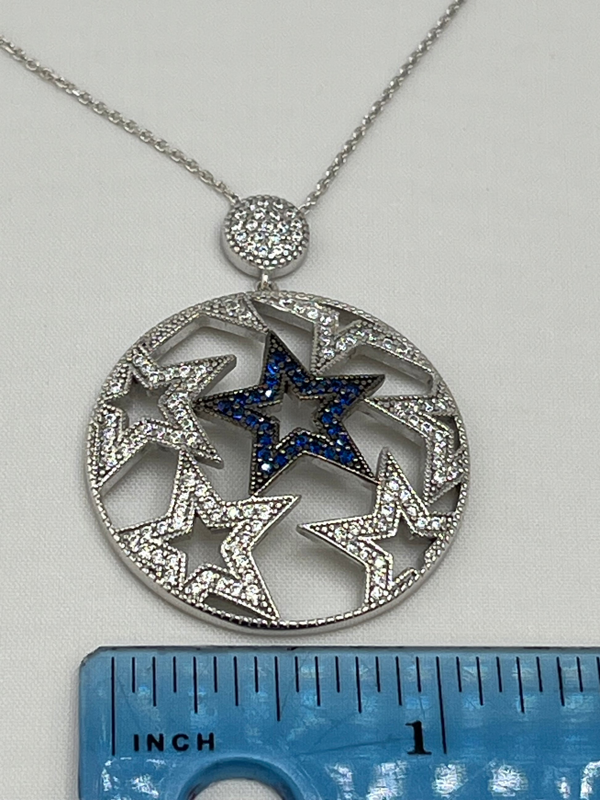 925 Sterling Silver Lucky Star Necklace Clear and Blue Pave Crystal