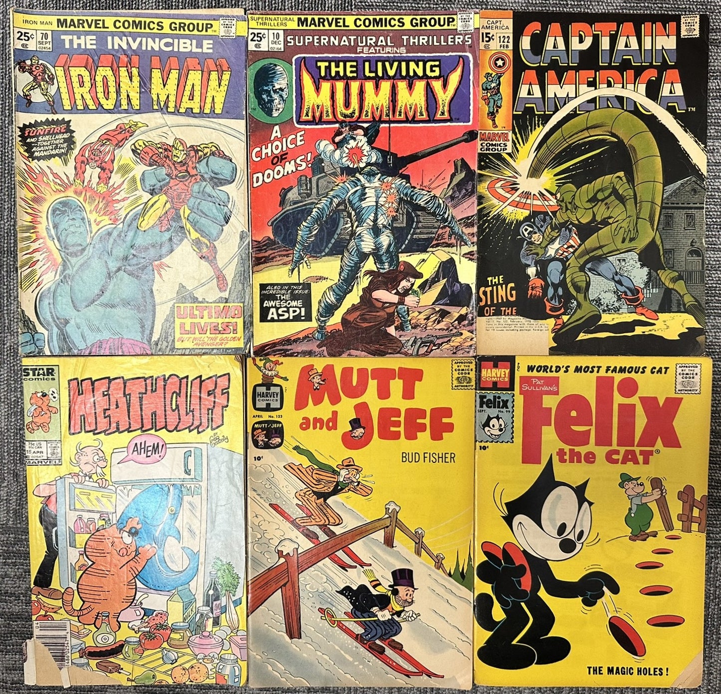 Vintage Comic Book Lot (6) Marvel Iron Man #70, Captain America #122, Living Mummy + Felix, Heathcli